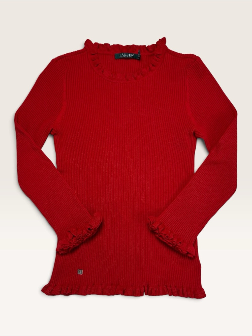 Lauren Ralph Lauren Red Ribbed Ruffle Trim Sweater Top Size Large